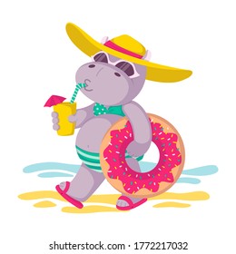 Hippo in a hat and sunglasses, with inflatable donut circle and a drink in hand goes to the beach. Summer mood, sea and sun concept. Vector children illustration isolated on white background.