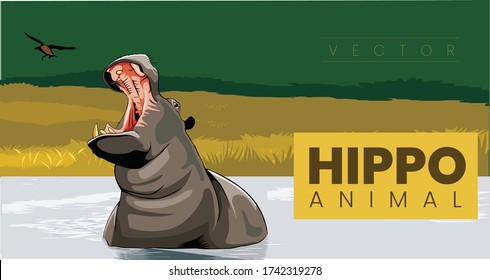 Hippo head coming out of water with wide open mouth Vector Illustration