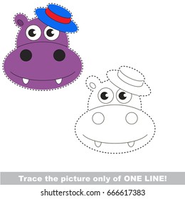 Hippo Head Hat to be traced only of one line, the tracing educational game to preschool kids with easy game level, the colorful and colorless version.