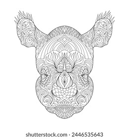 Hippo head line art para niños o adultos para colorear libro. Vector gráfico, página para colorear. Dibujado a mano con un patrón de garabato floral étnico. Zendala, relajación espiritual. Garabatos Zen
