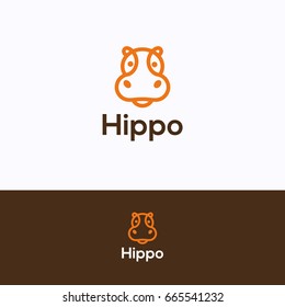 Hippo head logo. Hippopotamus orange dark-brown logotype in line style. Friendly retail hippo logo template