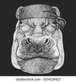 Hippo, Hippopotamus, behemoth, river-horse Cool pirate, seaman, seawolf, sailor, biker animal for tattoo, t-shirt, emblem, badge, logo, patch. Image with motorcycle bandana