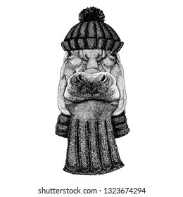 Hippo, Hippopotamus, behemoth, river-horse Cool animal wearing knitted winter hat. Warm headdress beanie Christmas cap for tattoo, t-shirt, emblem, badge, logo, patch