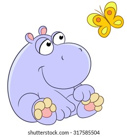 Hippo. Hippopotamus. Butterfly. Cartoon character isolated on white background. Colorful design for kids activity book, coloring page, colouring picture. Vector illustration for children.