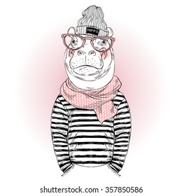 hippo hipster dressed up in frock and knitted scarf, furry art fashion illustration