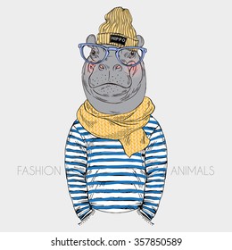 hippo hipster dressed up in frock and knitted scarf, furry art fashion illustration