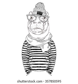 hippo hipster dressed up in frock and knitted scarf, furry art fashion illustration