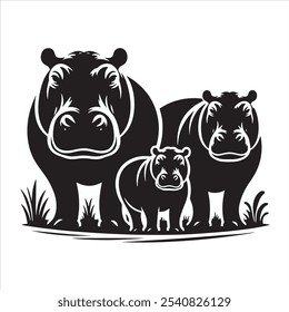 Hipopótamo com seu design de ilustração de silhuetas de vetor de bebê, fundo branco isolado. Para Camisa Tee e tatuagem ilustração vetor. Silhuetas da família Hippos.