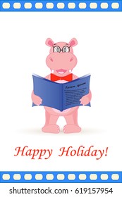 Hippo holding a book on white background in vector.