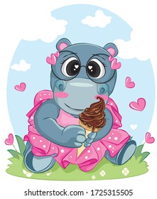 Hippo holding the ice cream wear pink clothes and glasses cartoon illustration for summer holidays