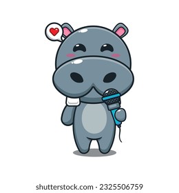 hippo holding microphone cartoon vector illustration.