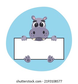 Hippo holding a white banner. Cute hand-drawn vector illustration with blue background. Editable card template.