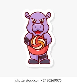 Hippo holds a volleyball with two hands, cute cartoon character of animal doing sport