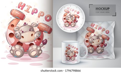 Hippo with horseshoe - poster and merchandising. Vector eps 10