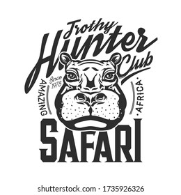 Hippo hunting club t-shirt print mockup, hunter or safari society label, hippopotamus mascot head or muzzle drawing. Apparel, african animal outline vector monochrome illustration with typography