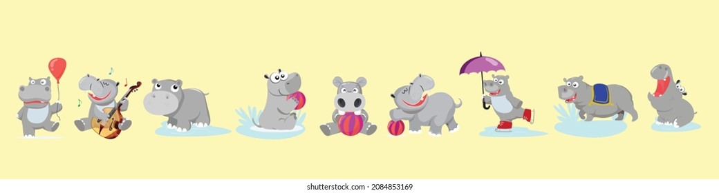 hippo icons cute stylized cartoon characters sketch. hippo icons. Trendy 9 hippo icons.