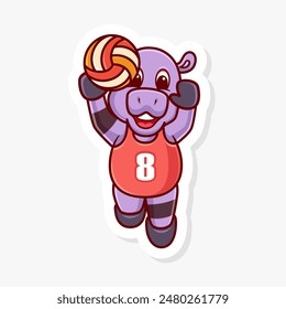 Hippo Jumping to hit a volleyball, cute cartoon character of animal doing sport
