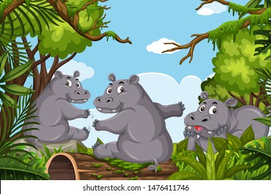 Hippo in jungle scene illustration