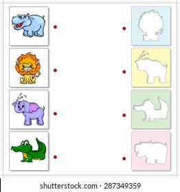 Hippo, lion, elephant and crocodile. Educational game for kids. Choose the correct silhouettes on the opposite side and connect the points