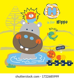 hippo and little friends in the lake funny animal cartoon,vector illustration