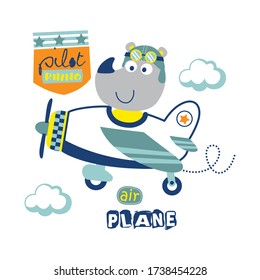 hippo the little pilot funny animal cartoon,vector illustration