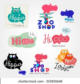 Hippo logo. Animal logo. Zoo hand made icons. Hippopotamus label. Color logos with the Hippo. Set of hippo logotype. Hippo sign, icon hand made. Hippopotamus brand logo