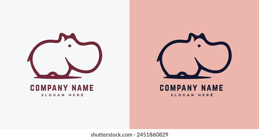 hippo logo design vector silhouette illustration on a white and light pink background