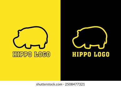 hipopótamo design logotipo vetor silhueta esboço ilustração em um fundo preto e amarelo