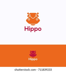 Hippo logo. Hippopotamus orange wine-red logotype. Hippo face square style logo template