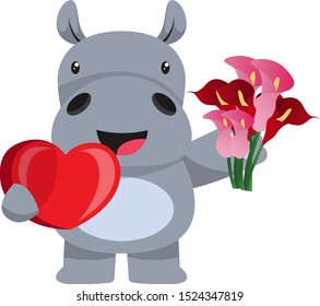 Hippo in love, illustration, vector on white background.