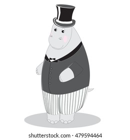 Hippo man gentleman in suit and top hat, vector illustration