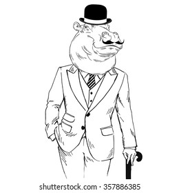 hippo man in tweed suit with walking stick, fashion animal