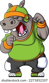 the hippo mascot of American football complete with player clothe of illustration