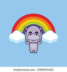 hippo mascot cartoon character vector illustration with rainbow.
design element for poster, brochure, web, mascot, sticker, logo and icon.