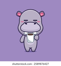 hippo mascot cartoon character vector illustration is tired and sleepy holding coffee. 
design element for poster, brochure, web, mascot, sticker, logo and icon.