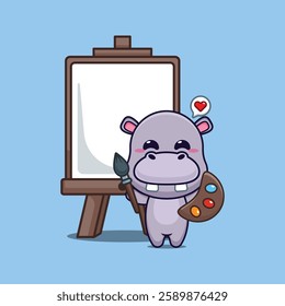 hippo mascot cartoon character vector illustration wants to paint on canvas.
Design element for poster, brochure, web, mascot, sticker, logo and icon.