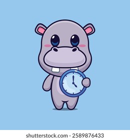 hippo mascot cartoon character vector illustration with clock. 
Design element for poster, brochure, web, mascot, sticker, logo and icon.