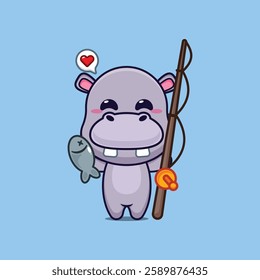 hippo mascot cartoon character vector illustration catching fish with fishing rod.
design element for poster, brochure, web, mascot, sticker, logo and icon.