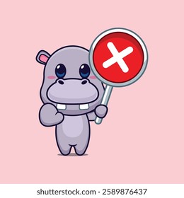 hippo mascot cartoon character vector illustration with wrong sign. 
Design element for poster, brochure, web, mascot, sticker, logo and icon.