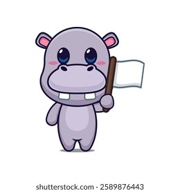 hippo mascot cartoon character vector illustration with white flag.
Design element for poster, brochure, web, mascot, sticker, logo and icon.