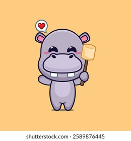 hippo mascot cartoon character vector illustration eating marshmallow.
Design element for poster, brochure, web, mascot, sticker, logo and icon.