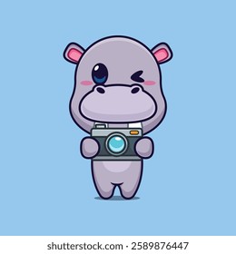 hippo mascot cartoon character vector illustration with camera.
Design element for poster, brochure, web, mascot, sticker, logo and icon.