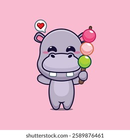 hippo mascot cartoon character vector illustration eating dango. 
design element for poster, brochure, web, mascot, sticker, logo and icon.