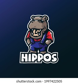Vector de diseño del logotipo de mascota Hippo con el concepto de ilustración moderna para la impresión de insignias, emblemas y camisetas. Cute ilustración de hipopótamo.