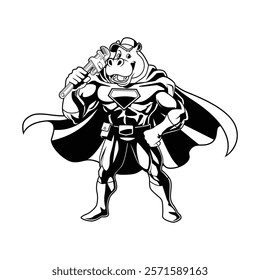 Hippo Mascot Plumbing Hero Character Illustration