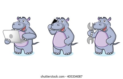 Hippo Mascot Vector with laptop, phone and tools