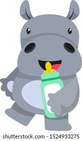 Hippo with milk, illustration, vector on white background.