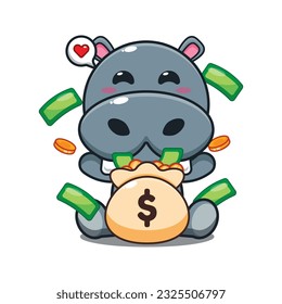 hippo with money bag cartoon vector illustration.