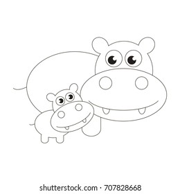Hippo mother and baby cartoon. Outlined illustration with thin line black stroke