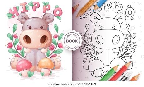 Hippo with mushroom coloring book